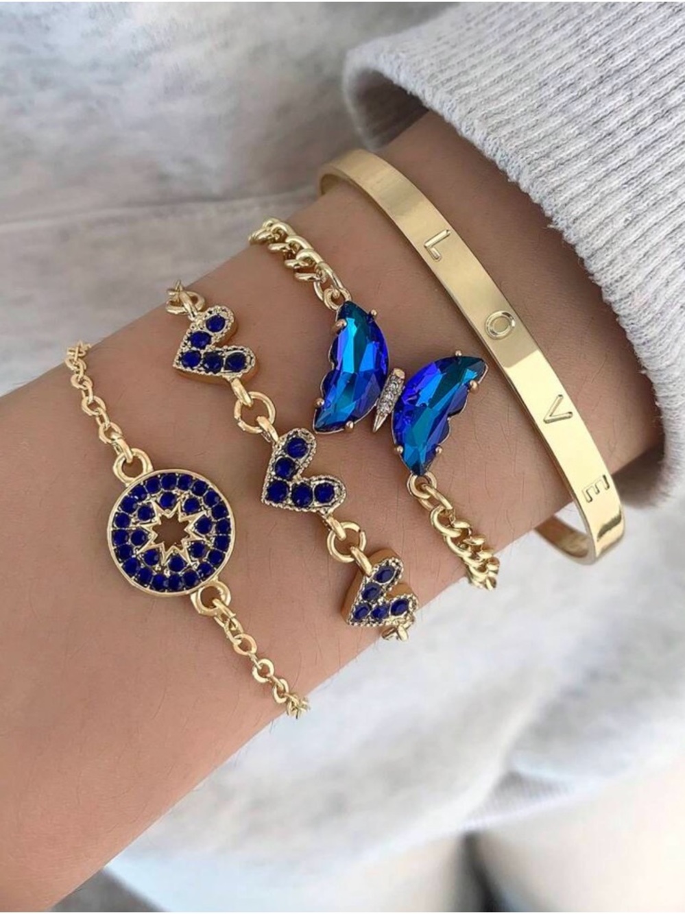Gold-Tone Bracelet Set with Blue Crystal Butterfly and Navy Accents